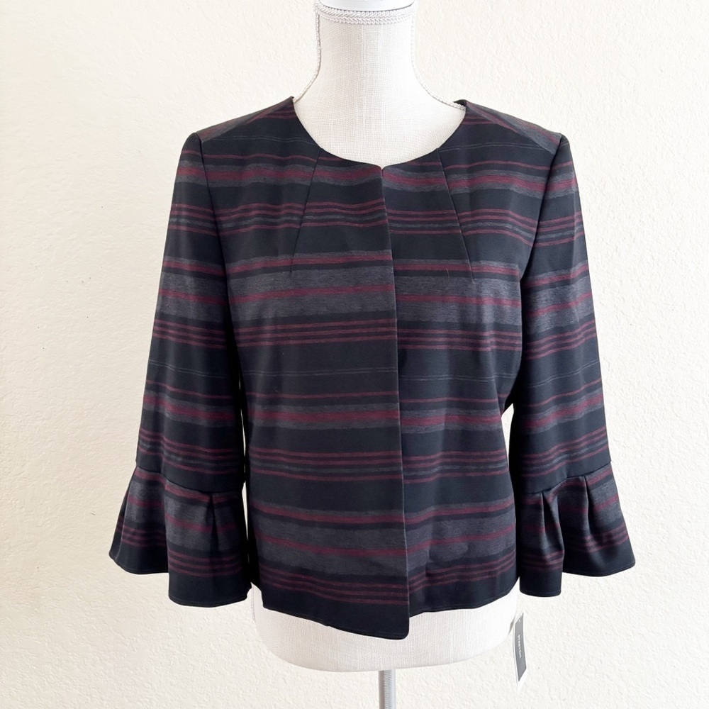 Nine West Jacket Size 8 Striped Bell Sleeve Open Front Burgundy Black Grey